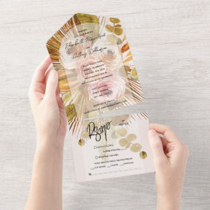 Invitation Tout En Un Boho Tropical Arc Floral Blush Mariage rose