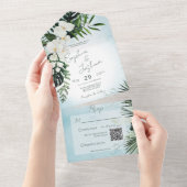 Invitation Tout En Un Boho Tropical Green Moderne Aqua QR Code (Déchirure)