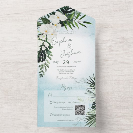 Invitation Tout En Un Boho Tropical Green Moderne Aqua QR Code (À l'intérieur)