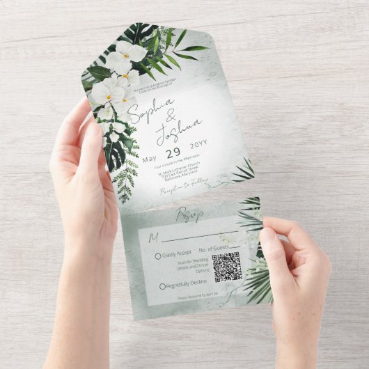 Invitation Tout En Un Boho Tropical Green Moderne Code QR Vert (Déchirure)