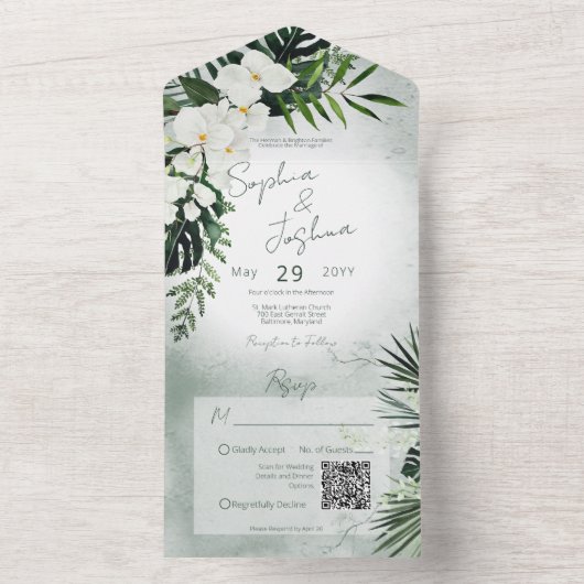 Invitation Tout En Un Boho Tropical Green Moderne Code QR Vert (À l'intérieur)