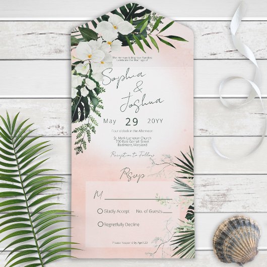 Invitation Tout En Un Boho Tropical Green Moderne Rose Blush Pas de dîne