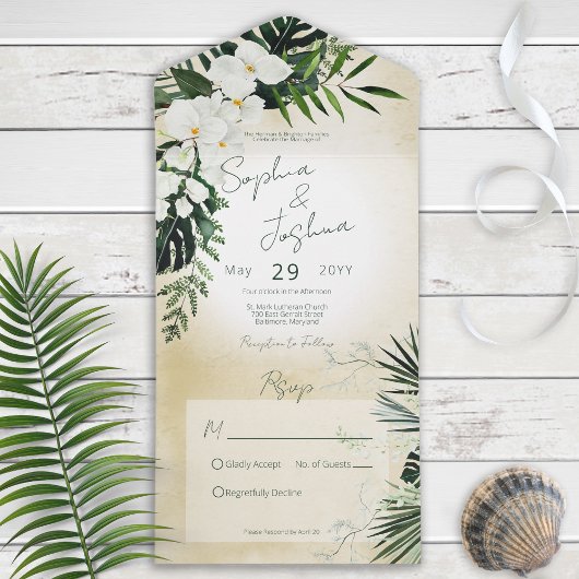 Invitation Tout En Un Boho Tropical Green Sable Moderne Pas de Dîner