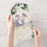 Invitation Tout En Un Boho Tropical Greenery Modern Sand Photo PERSONNAL<br><div class="desc">DISPONIBLE AVEC OU SANS CODE QR OU EN DÎNER. Ce design présente une belle végétation tropicale luxuriante et des fleurs blanches sur un arrière - plan d'eau douce et verdoyante. Personnalisez-le avec votre propre photo spéciale. Parfait pour la destination ou le mariage sur la plage. Créé par Simply Farmhouse Press....</div>