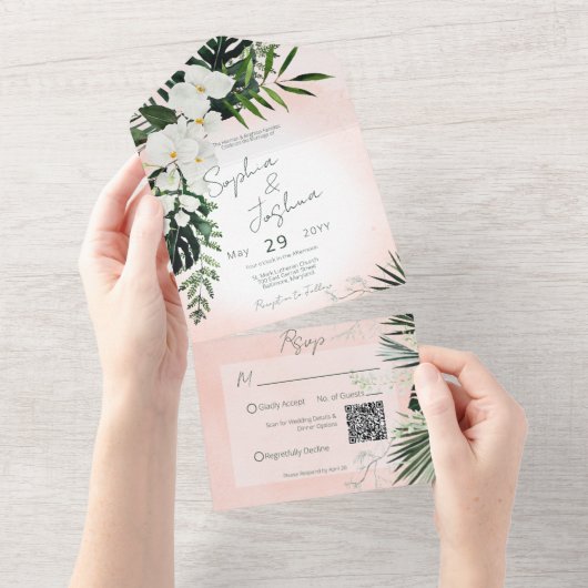 Invitation Tout En Un Boho Tropical Greenery Pink Blush QR Code (Déchirure)