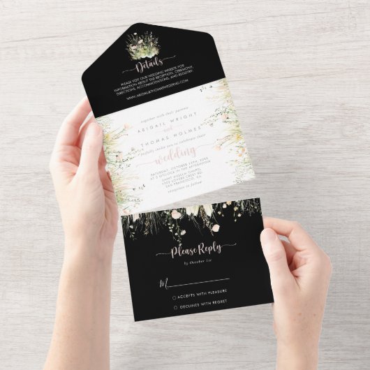 Invitation Tout En Un Boho vert Fleur sauvage noir Mariage (Déchirure)