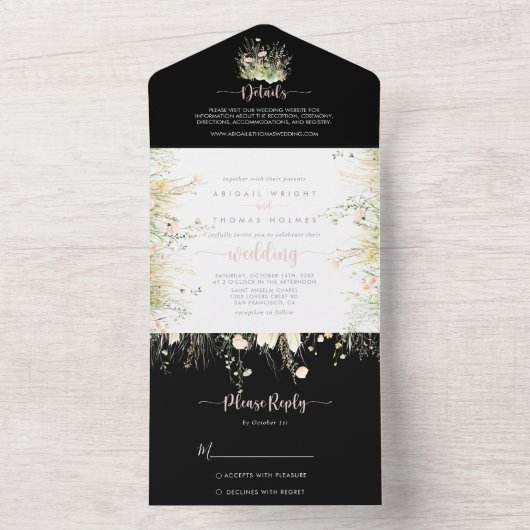 Invitation Tout En Un Boho vert Fleur sauvage noir Mariage (À l'intérieur)