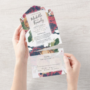 Invitation Tout En Un Boho Vintage Rose antique 3 en 1 Mariage
