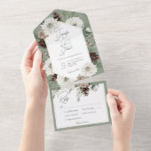 Invitation Tout En Un Boho Winter Blanc Floral & Pine Vert Dîner (Déchirure)
