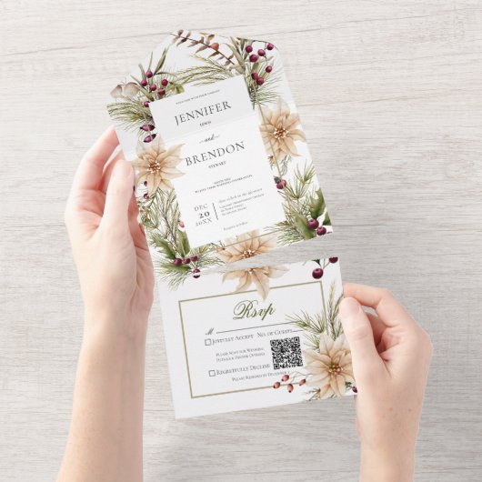 Invitation Tout En Un Boho Winter Greenerenergey Boughs Blanc QR Code (Déchirure)
