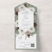 Invitation Tout En Un Boho Winter White Floral & Pine Green QR Code (À l'intérieur)