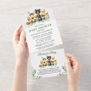 Invitation Tout En Un Bois Animaux Baby shower et livres