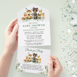 Invitation Tout En Un Bois Animaux Baby shower et livres pour bébé