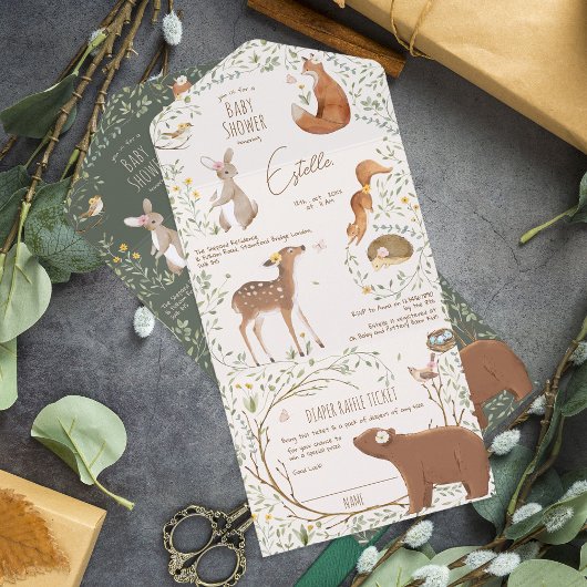 Invitation Tout En Un Bois Animaux Forêt Amis Baby shower couche