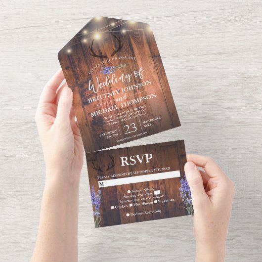 Invitation Tout En Un Bois Antler Chaîne Lumière Lavender Mariage (Déchirure)