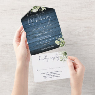 Invitation Tout En Un Bois bleu rustique Mariage floral