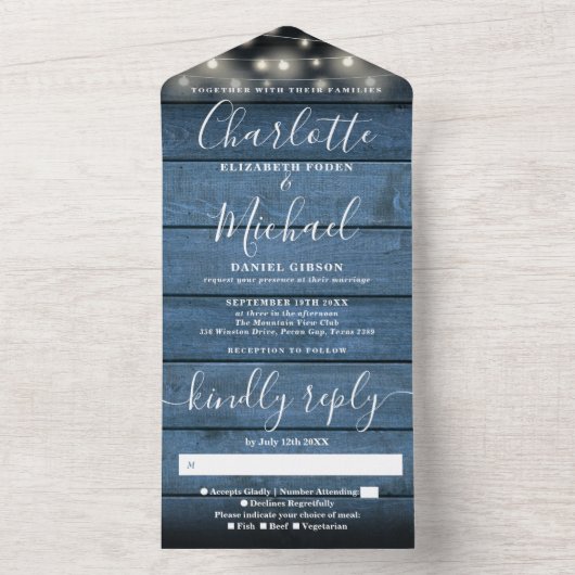 Invitation Tout En Un Bois bleu rustique voyants Monogramme Mariage (À l'intérieur)