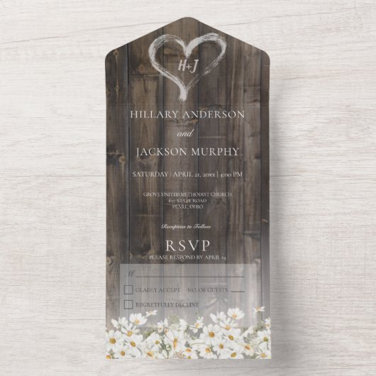 Invitation Tout En Un Bois de Barnwood rustique & Daisées Pas de dîner (À l'intérieur)