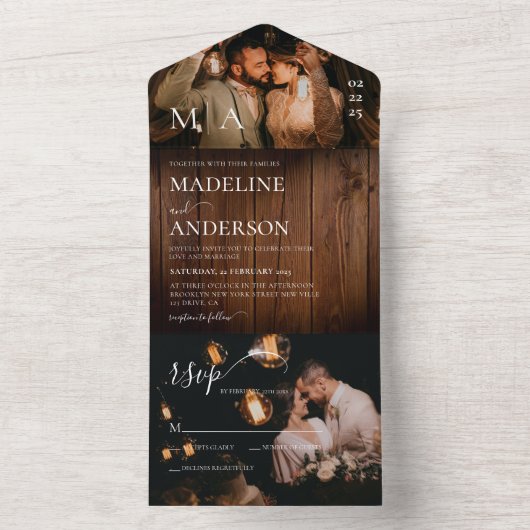 Invitation Tout En Un Bois de grange rustique Monogramme 2 Photo Mariage (À l'intérieur)