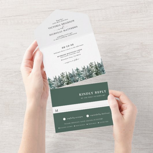 Invitation Tout En Un Bois | Mariage d'aquarelle d'hiver (Déchirure)