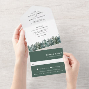 Invitation Tout En Un Bois   Mariage d'aquarelle d'hiver