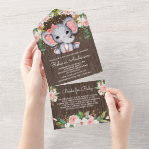 Invitation Tout En Un Bois rose pâle et bleu Baby shower éléphant
