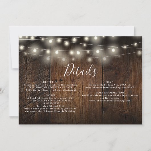 Invitation Tout en un Bois Rustique Chaîne Lumière Mariage Ph (Dos)