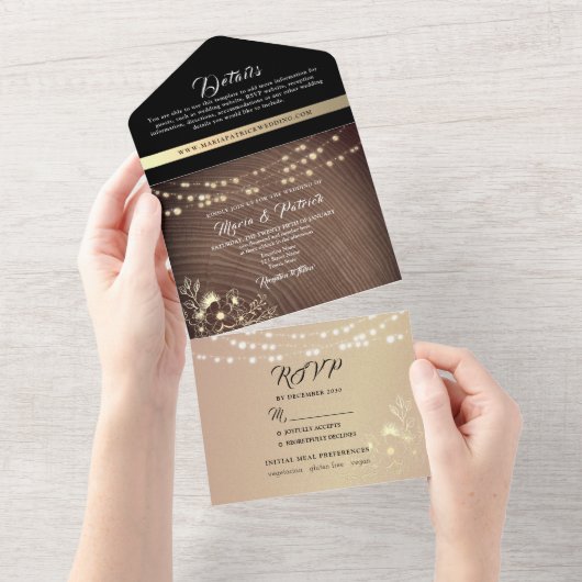 Invitation Tout En Un Bois rustique et Mariage à cordes (Déchirure)