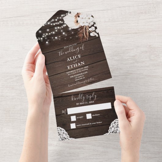 Invitation Tout En Un Bois rustique Été Boho Tropical Fleurs Script (Déchirure)