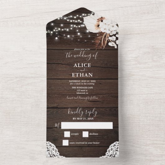 Invitation Tout En Un Bois rustique Été Boho Tropical Fleurs Script (À l'intérieur)