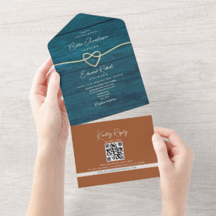 Invitation Tout En Un Bois rustique Turquoise et Mariage en terre cuite