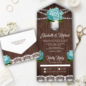 Invitation Tout En Un Bois rustique Turquoise Hydrangea Mason Jar Mariag
