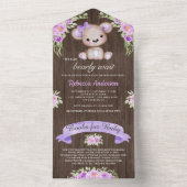 Invitation Tout En Un Bois rustique violet Baby shower d'ours en peluche (À l'intérieur)