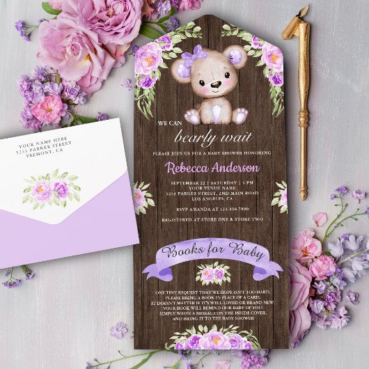 Invitation Tout En Un Bois rustique violet Baby shower d'ours en peluche
