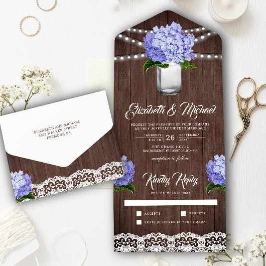 Invitation Tout En Un Bois rustique violet Hydrangea Mason Jar Mariage