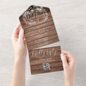 Invitation Tout En Un Bois rustique voyants QR Code Floral Mariage (Déchirure)
