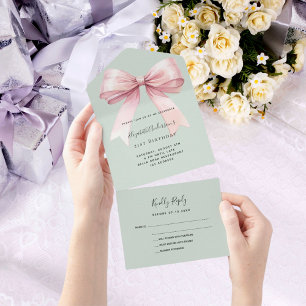 Invitation Tout En Un Bois sauge vert rose anniversaire rsvp