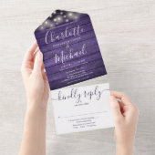 Invitation Tout En Un Bois violet rustique voyants Monogramme Mariage (Déchirure)