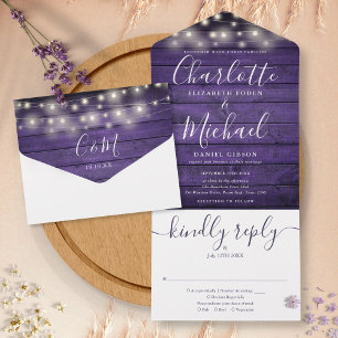 Invitation Tout En Un Bois violet rustique voyants Monogramme Mariage