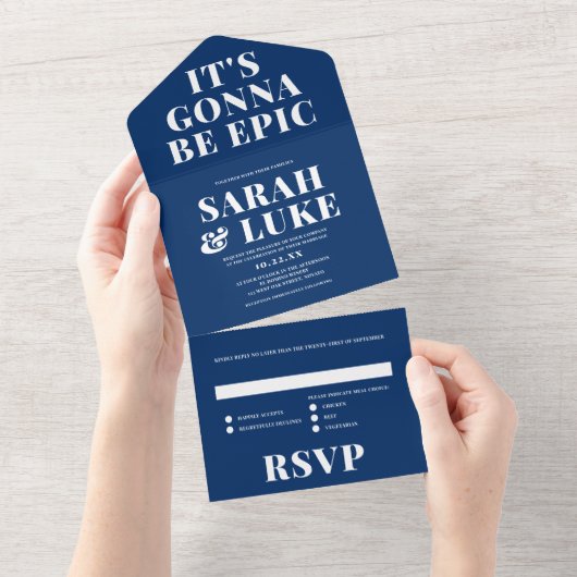 Invitation Tout En Un BOLD LOVE Mariage Navy Blue - Ça va être épique (Déchirure)