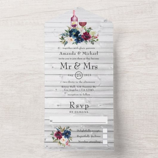 Invitation Tout En Un Bordo et marine Aquarelle Florale (À l'intérieur)