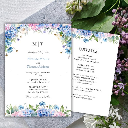 Invitation Tout en Un Bordure de Mariage Hydrangea Bleu Monog