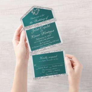 Invitation Tout En Un Bordure et coeur turquoise, ruban et Parties scint