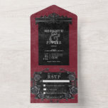 Invitation Tout En Un Bordure noire gothique 2 & Black Rose Vin Sans Dîn<br><div class="desc">DISPONIBLE AVEC OU SANS CODE QR OU AVEC OU SANS OPTIONS DE SÉLECTION DE DÎNER. Transportez vos invités dans un monde d'élégance sombre et enchanteresse avec notre faire-part de mariage gothique vintage. L'arrière - plan de vin de Bourgogne, vieilli et profond, ouvre la voie à un contraste saisissant, car un...</div>