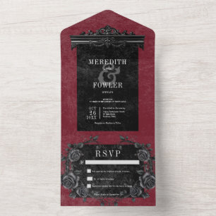Invitation Tout En Un Bordure noire gothique 2 & Black Rose Vin Sans Dîn