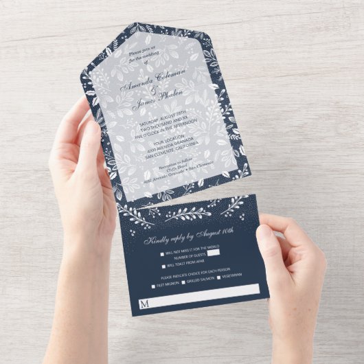 Invitation Tout En Un Botanique blanche sur bleu marine (Déchirure)