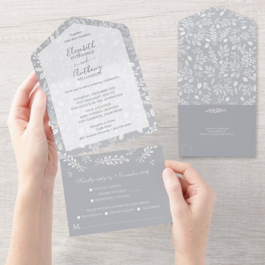 Invitation Tout En Un Botanique blanche sur Mariage gris