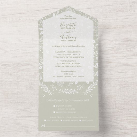 Invitation Tout En Un Botanique blanche sur Mariage vert pâle (À l'intérieur)