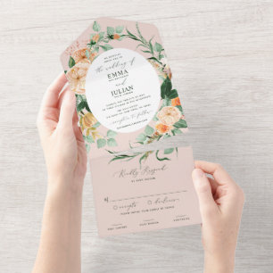 Invitation Tout En Un Botanique Boho vert rose pâle Mariage floral