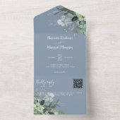 Invitation Tout En Un Botanique Dusty Blue QR Code Mariage (À l'intérieur)